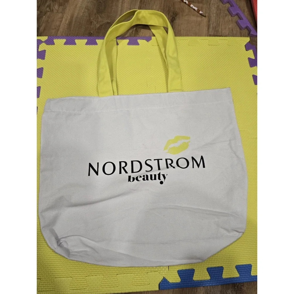 NORDSTROM beauty Canvas Tote Bag - White with Bright Yellow Handles & Lip Print!
